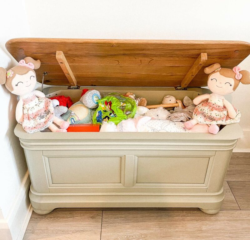 Brindle blanket box full of toys.