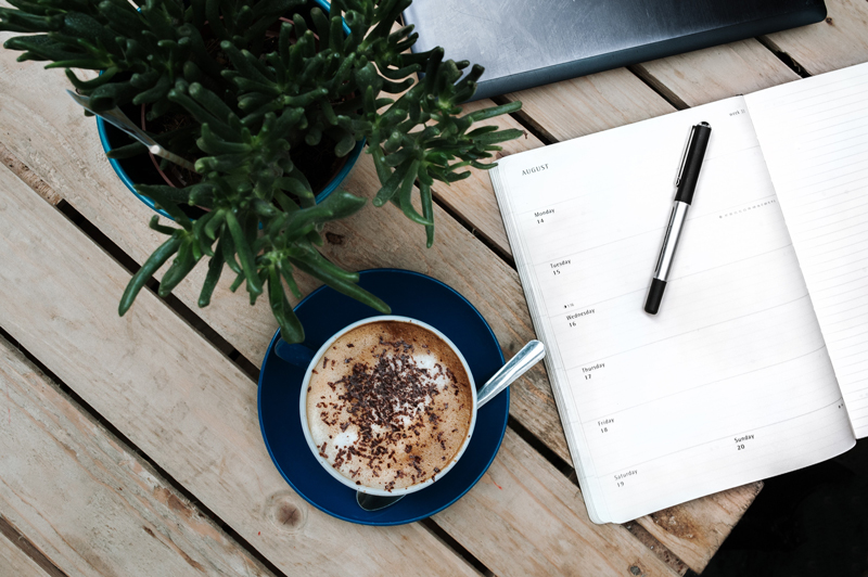 Coffeem journal and a plant on a table