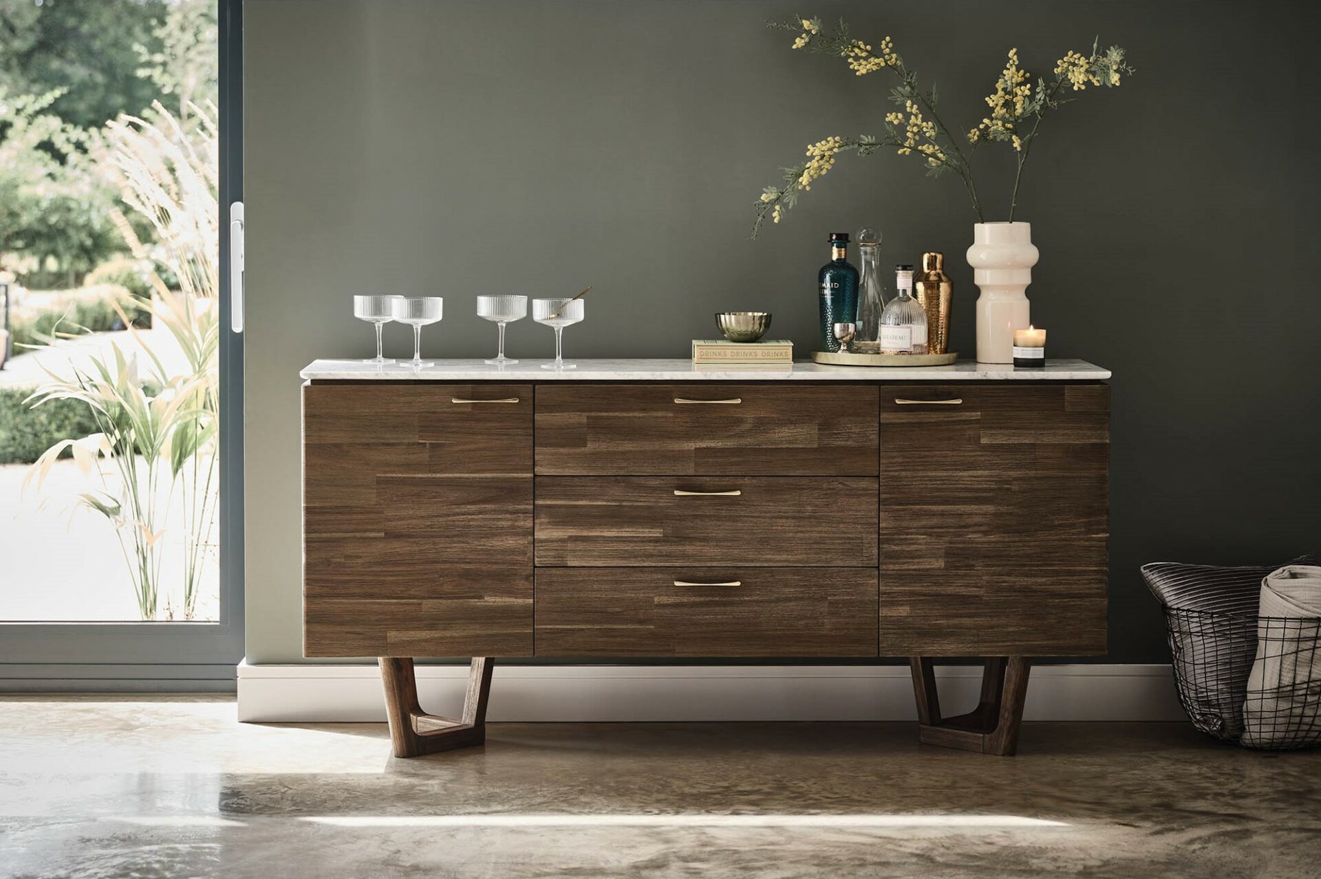 A sideboard-dining room furniture-marble top sideboard-acacia wood-brass handles-cocktail station