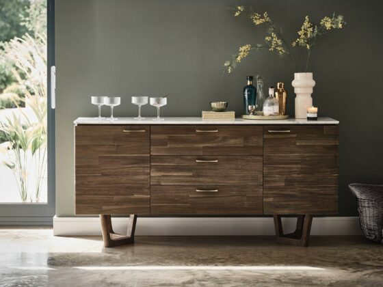A sideboard-dining room furniture-marble top sideboard-acacia wood-brass handles-cocktail station