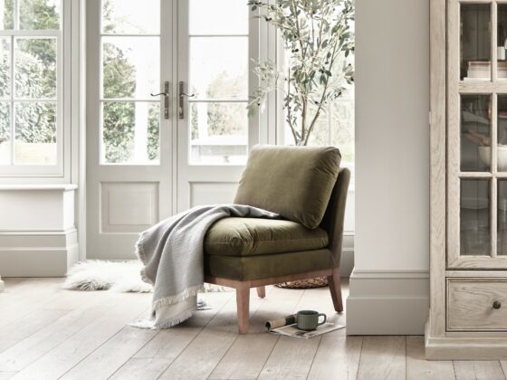 Oak Furnitureland green velvet Cosmo accent chair styled with Burleigh cabinetry range.