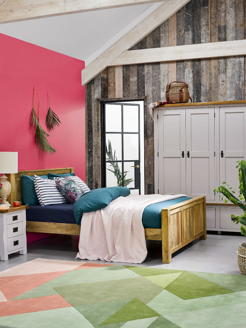 Oak Double Bed and painted bedside table