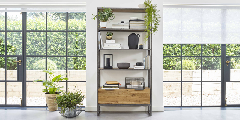 industrial style metal and oak bookcase