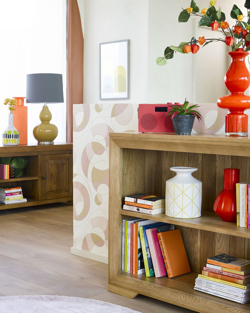 retro themed living room with oak small bookcase