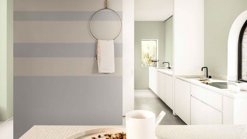 bright white and blue toned minimal kitchen