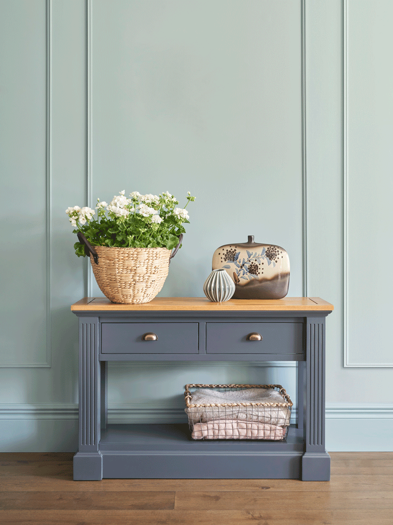 Oak Furnitureland Highgate blue painted console table with brass handles