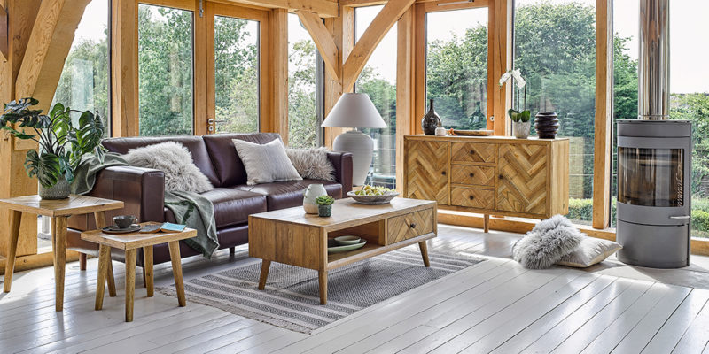 parquet style furniture in open living room
