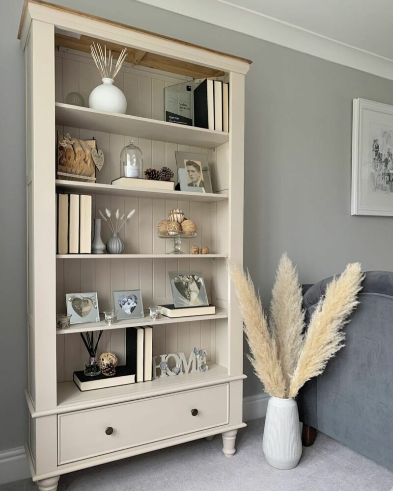 pampas grass decor with painted oak bookcase