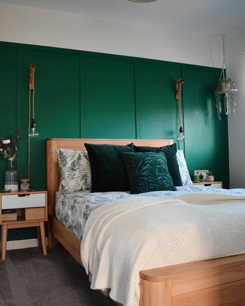 Romsey light oak double bed with green walls