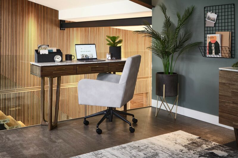 A desk and office chair-office furniture-wooden desk with drawers and upholstered office chair