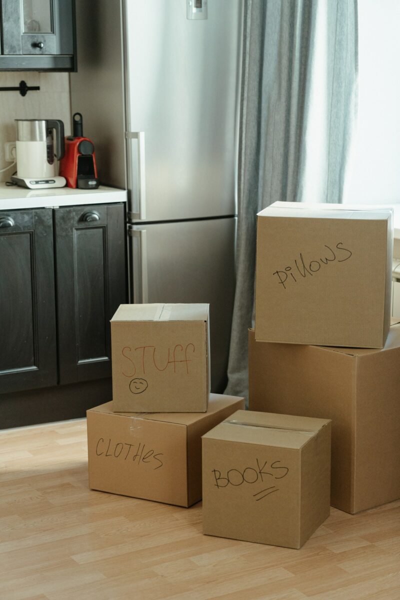 Kitchen with boxes packed for a house move.