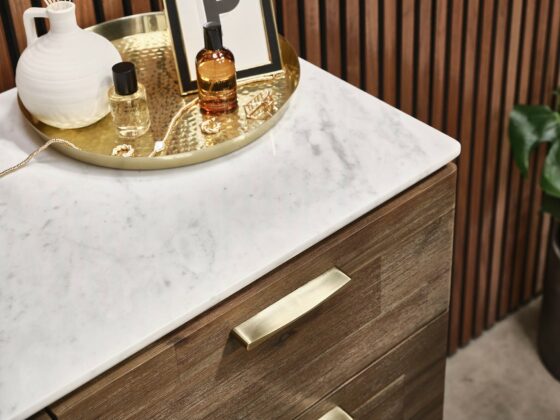 A chest of drawers-bedroom furniture-marble top chest of drawers-acacia wood-brass handles