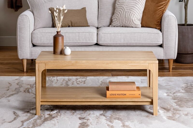 A coffee table and sofa-living room furniture-wooden coffee table-storage shelf-two-seater sofa