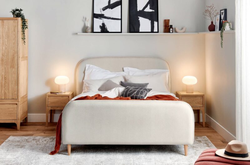 A bed and bedside tables-bedroom furniture-upholstered double bed with wooden one drawer bedside tables and wooden wardrobe