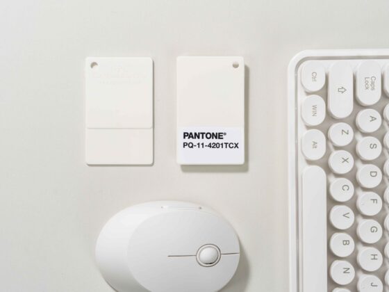 Pantone colour of the year 2026-cloud dancer-white keyboard-white mouse-white colour swatches-white tabletop