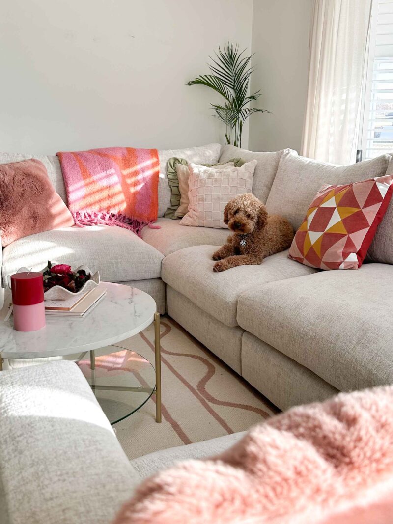 A modular sofa-living room furniture-beige u shaped sofa-off white walls-sheer curtains-window shutters-pink throw-pink cushions-brown labradoodle-pink and cream patterned rug-wooden floor-round marble, glass and metal coffee table-pink pillar candle