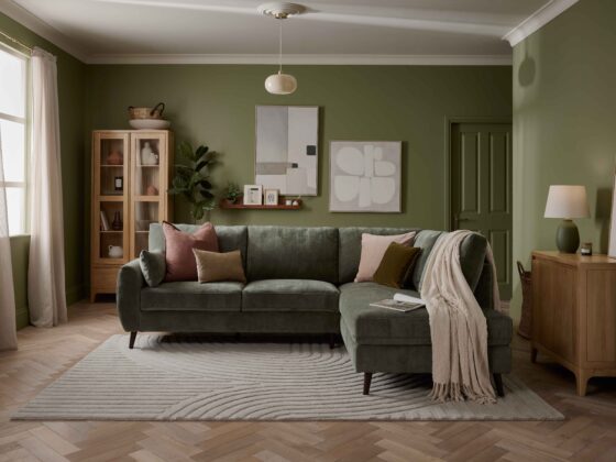A sofa, sideboard, and display cabinet-living room furniture-green corner sofa-green walls-neutral ceiling-glass ceiling light-wooden sideboard-wood and glass display cabinet-neutral abstract wall art-floating wooden shelf-sheer draped curtains-textured neutral rug-wooden parquet floor-draped beige throw-scatter cushions