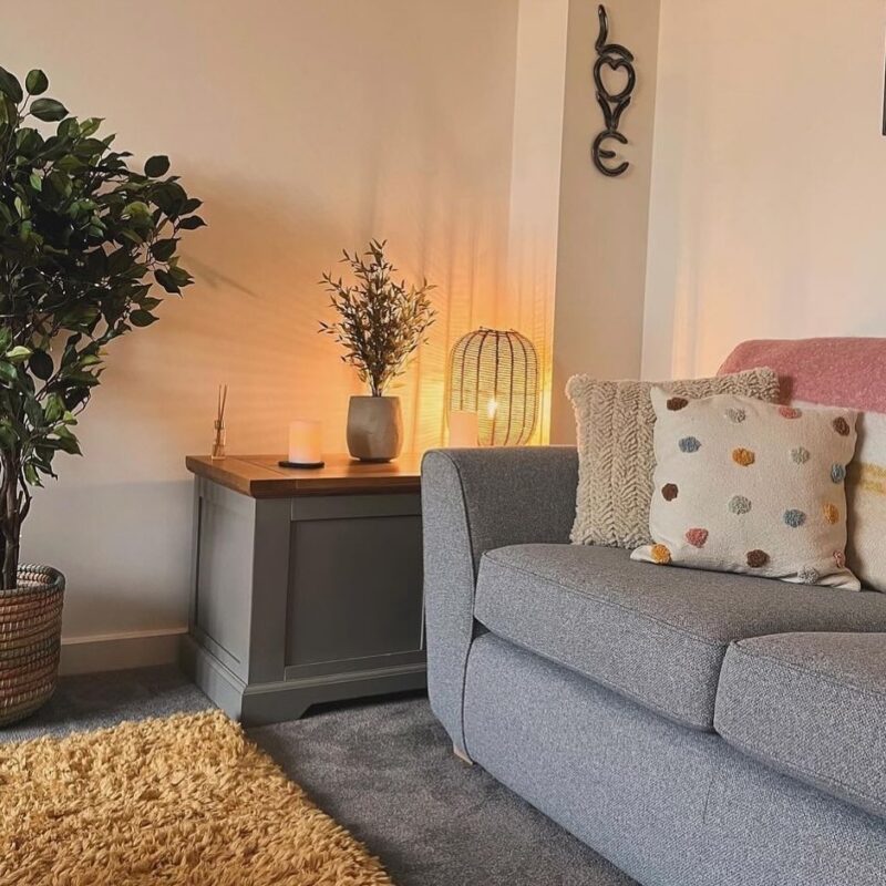 A sofa and blanket box-living room furniture-mid grey sofa-mid grey painted wooden blanket box-blush pink walls-textured cushions-pink throw-grey carpet-textured yellow rug-woven plant pot-houseplant-woven table lamp-potted plant-diffuser-pillar candle